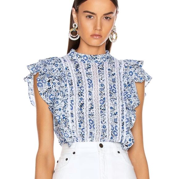 NWOT Veronica Beard Sol Floral blue Ruffle High Neck Top Blouse Size 10 - Picture 1 of 13